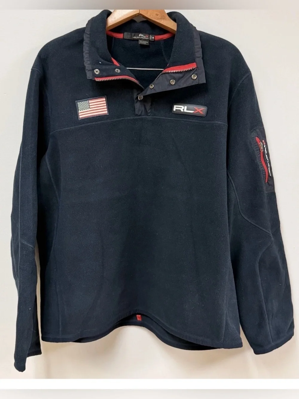 VTG Polo Ralph Lauren RLX Fleece Pullover Mens XXL Navy Blue USA Flag 1/4 Snap